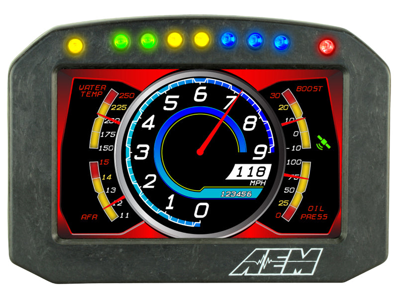 Pantalla de tablero digital AEM CD-5G empotrada en carbono con GPS interno de 20 Hz y antena (30-5602F)