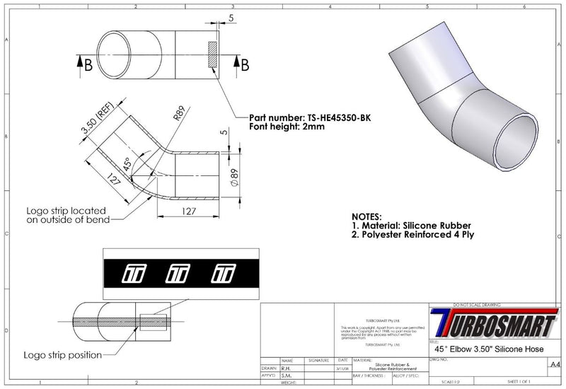 Turbosmart 45 Codo 3.50 - Manguera de Silicona Azul (TS-HE45350-BE)