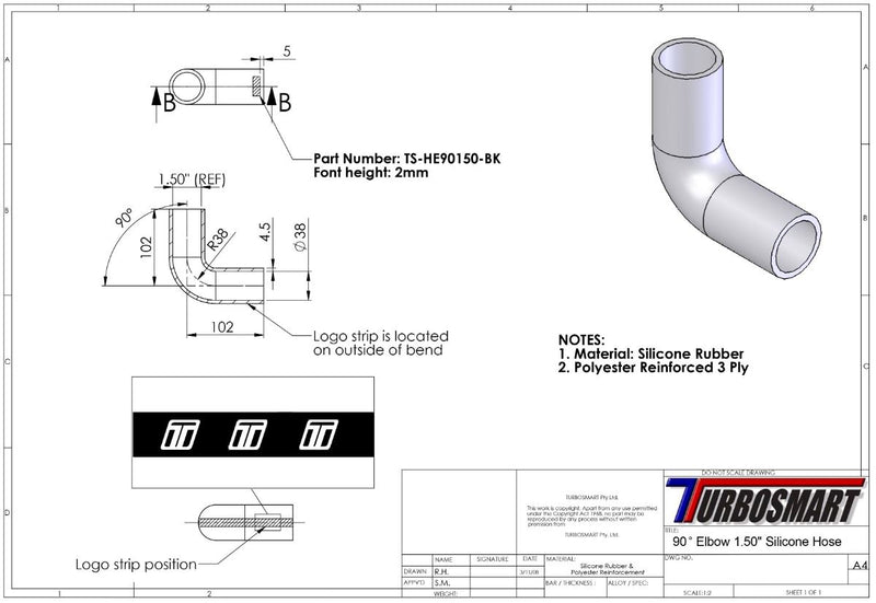 Turbosmart 90 Codo 1.50 - Manguera de Silicona Azul (TS-HE90150-BE)