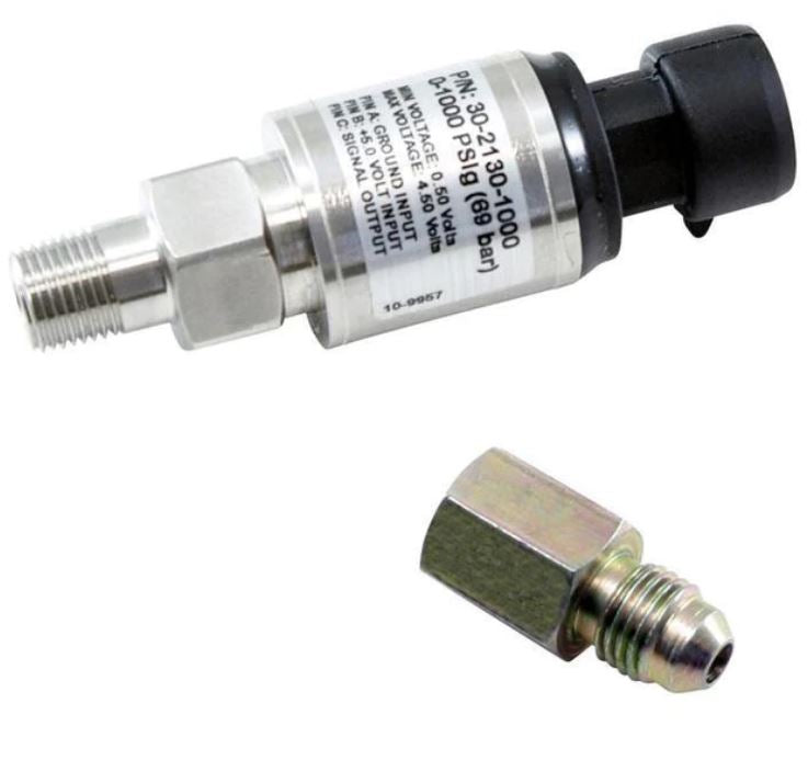 Kit de sensor de acero inoxidable AEM 1000 PSIg - Rosca macho NPT de 1/8 pulg. a adaptador -4 (30-2130-1000)