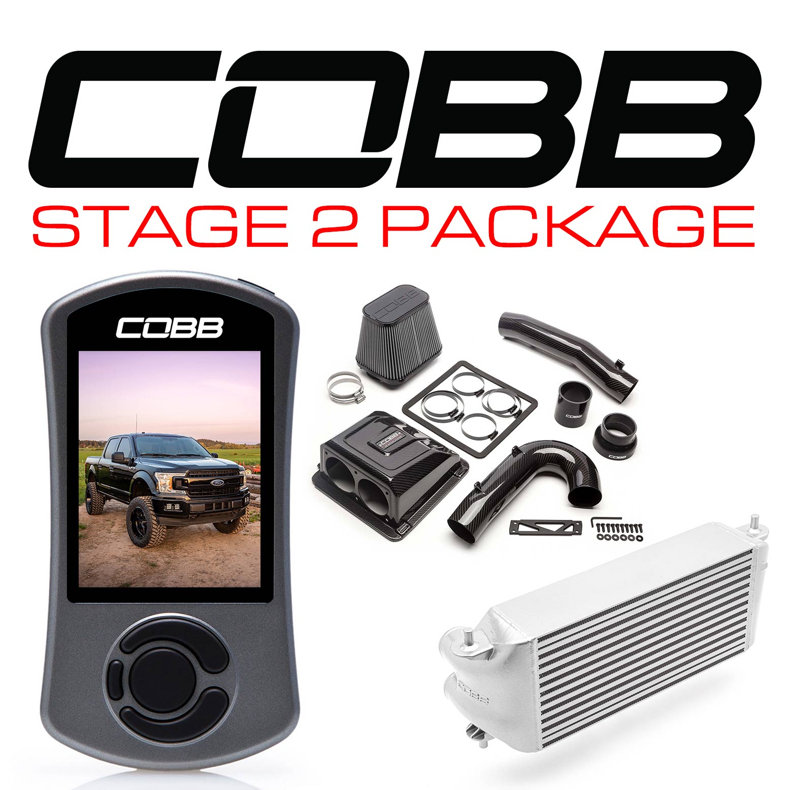 Cobb 2020 Ford F-150 Ecoboost 3.5L Stage 2 Redline CF Paquete de energía - Plata (Ubicación de fábrica I/C) (FOR0070S20SL-RED)