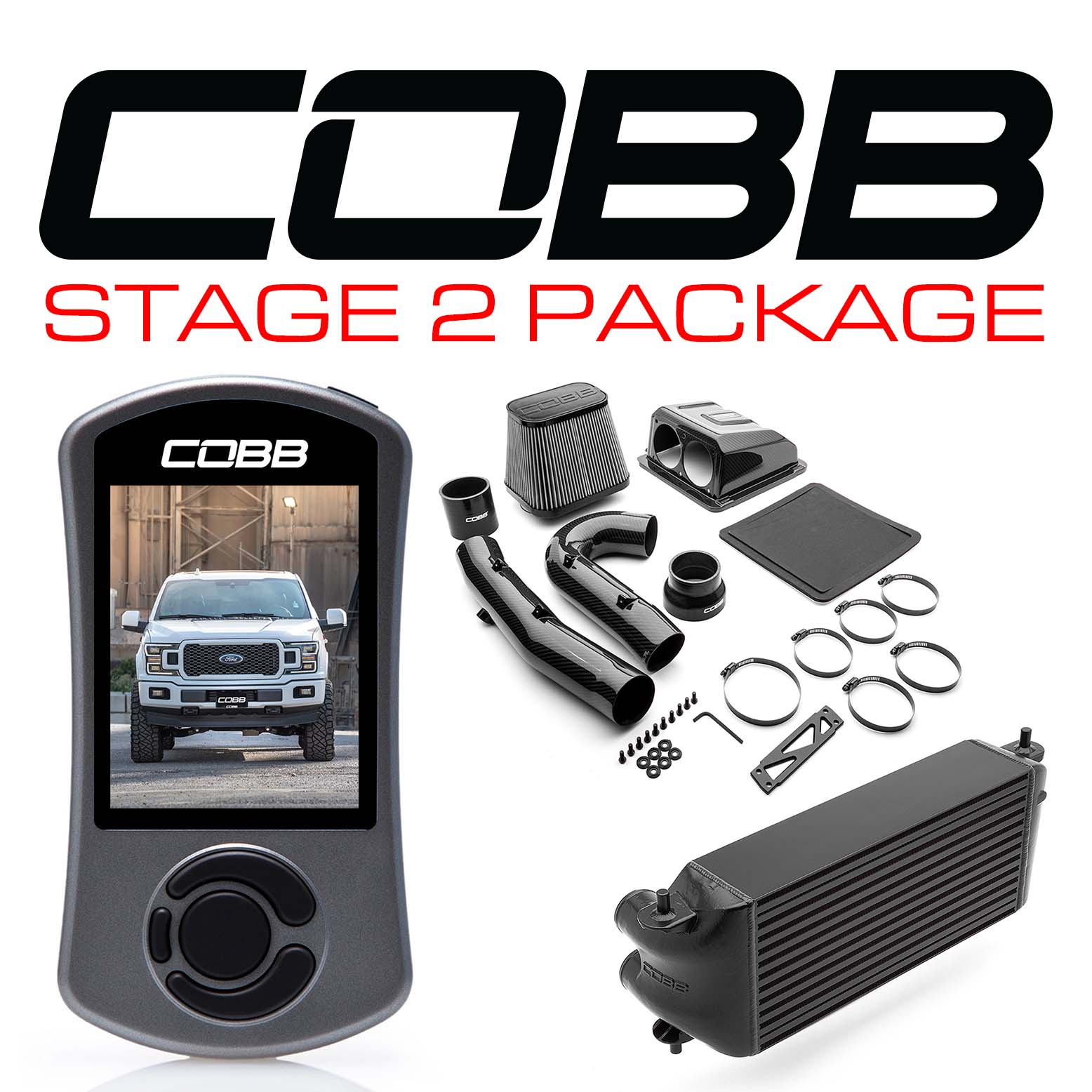 Cobb 18-20 Ford F-150 2.7L Stage 2 Redline CF Power Package - Black (Factory Loc I/C) (FOR0080S20BK-RED)