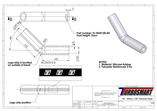 Turbosmart 45 Elbow 1.00 - Black Silicone Hose (TS-HE45100-BK)