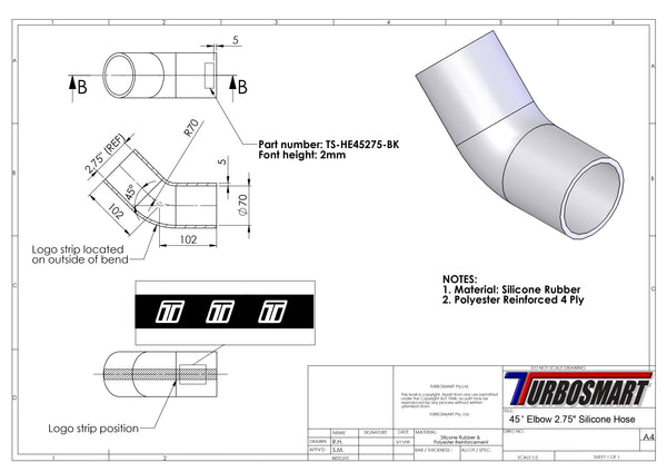 Turbosmart 45 Elbow 2.75 - Black Silicone Hose (TS-HE45275-BK)