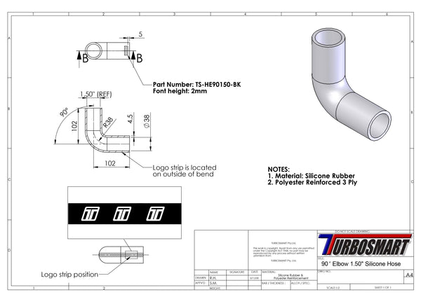 Turbosmart 90 Codo 1.50 - Manguera de silicona negra (TS-HE90150-BK)