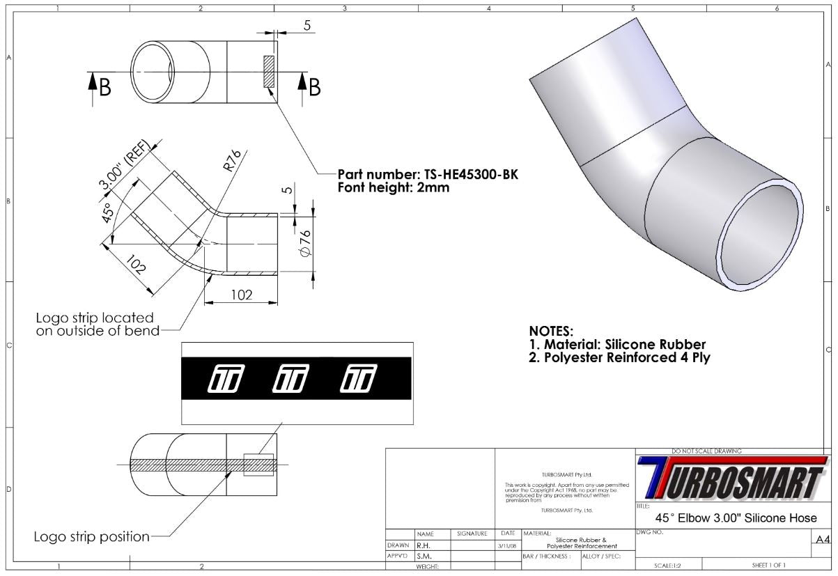 Turbosmart 45 Codo 3.00 - Manguera de Silicona Azul (TS-HE45300-BE)