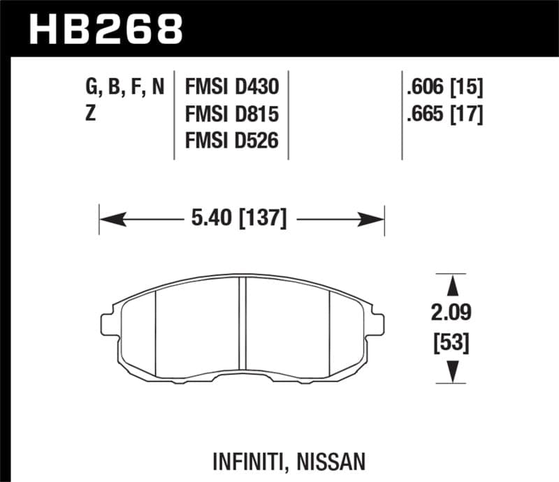 Hawk 03-04 G35/03-05 G35X/ 02-05 350z w/o Brembo HP+ Street Front Brake Pads (HB268N.665)