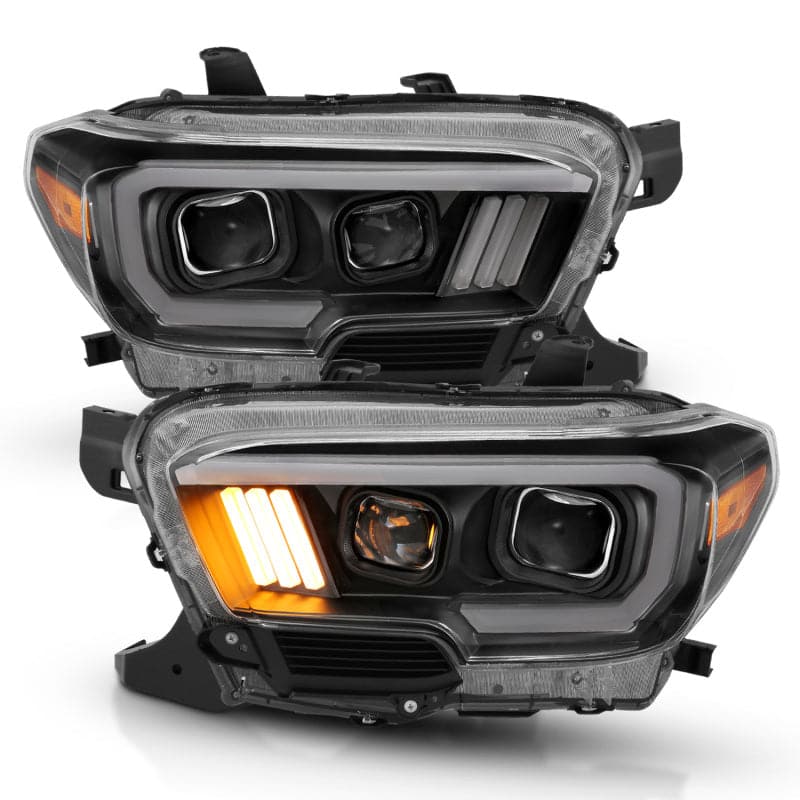 ANZO 2016-2021 Toyota Tacoma Projector Headlights w/ Plank Style Design Black/Amber w/ DRL