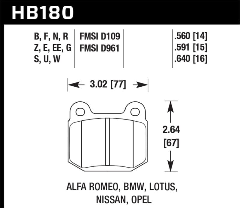 Hawk 03-06 Evo / 04-09 STi / 03-07 350z Pastillas de freno traseras de cerámica de rendimiento en pista (HB180Z.560)