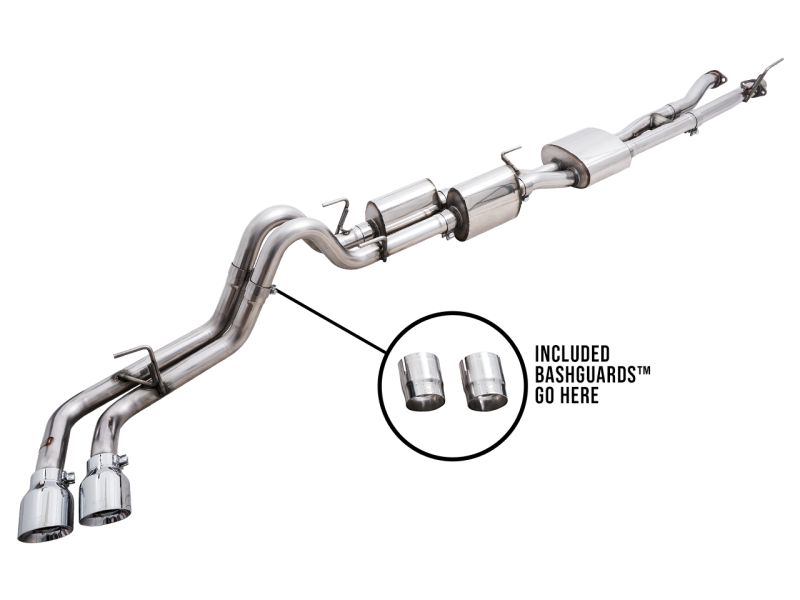 AWE 16-23 Toyota Tacoma 0FG Escape Catback con BashGuard - Puntas plateadas cromadas dobles (3015-32826)